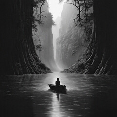 Fantastical scene of boy in boat floating between trees and a canyon on a serene lake