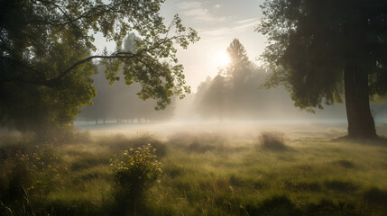 misty morning in a peaceful meadow with trees in the back three generative AI