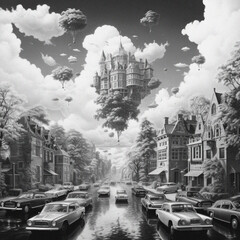 Fantastic scene of city street with houses and trees floating away through the clouds