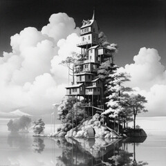 Fantastical treehouse on an island
