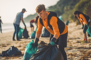 Young volunteering doing charitable social work outdoor in cleaning up garbage and waste separation project. Help the planet