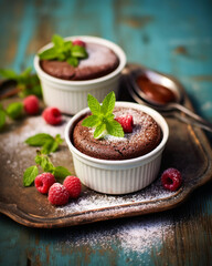 chocolate souffl in two small ramekins on a decora, generative ai.