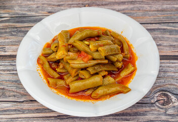 Traditional delicious Turkish food; Green beans with olive oil; Turkish name; Zeytinyagli taze fasulye