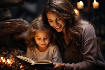 Mother reading to her daughter fairy tale book at home