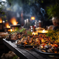 Food Festival night brightly lit lively with smoky at, generative ai.