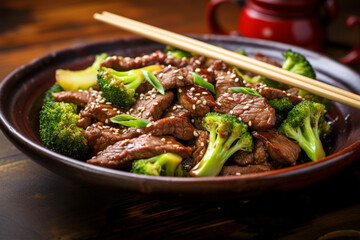 beef with broccoli closeup and ch, generative ai.