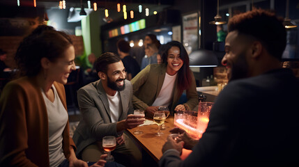 Group of young happy adults hanging out with friends at the bar