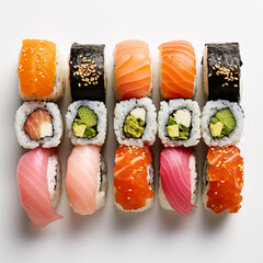 ood photograph of japan sushi top-down shot white bac, generative ai.