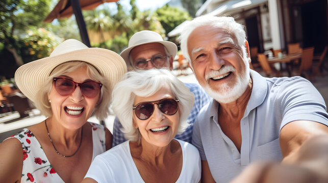 Group of happy senior people taking selfie pic with smartphone and smiling at camera, older friends having fun together