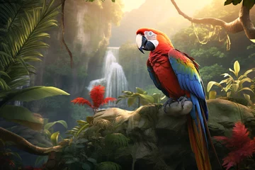 Foto auf Glas Macaw parrot, ara parrot, birds and animals, rainforest and plant, illustration. Generative AI. Wildlife, nature, jungle, avian and parakeet, pet and fauna, image © artsterdam