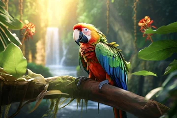 Keuken spatwand met foto Macaw parrot, ara parrot, birds and animals, rainforest and plant, illustration. Generative AI. Wildlife, nature, jungle, avian and parakeet, pet and fauna, image © artsterdam
