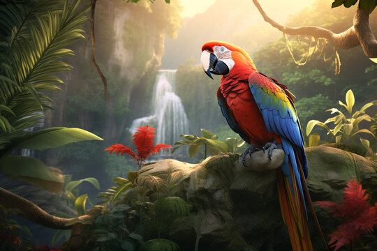 Macaw parrot, ara parrot, birds and animals, rainforest and plant, illustration. Generative AI. Wildlife, nature, jungle, avian and parakeet, pet and fauna, image