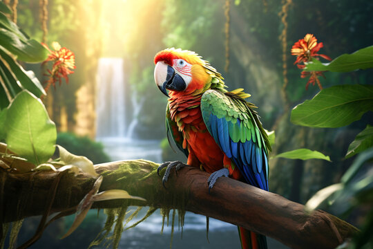 Macaw parrot, ara parrot, birds and animals, rainforest and plant, illustration. Generative AI. Wildlife, nature, jungle, avian and parakeet, pet and fauna, image
