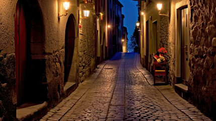 narrow cobblestoned street at night with lit street lamps created with Generative AI technology