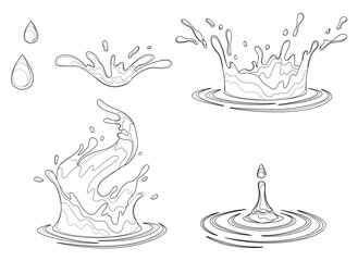 Water and juice splash liquide. Black doodle line. A dripped droplet, micro tale of gravity and surface tension A spill shape, abstract artists delight born from accident A water splash, fleeting