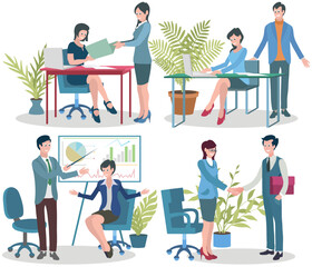 Office workers. Vector illustration. Teamwork cultivates supportive and collaborative work environment In team meeting, goals and targets are discussed and aligned Office workers utilize technology