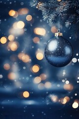 Fototapeta na wymiar Christmas Ornaments, Blue Baubles over a Defocused Particles Background. X-Mas Event. 25th December.