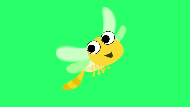 Animation cute dragonfly on green background.