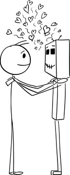 Human Hugs Friendly Robot , Technology and Friendship, Vector Cartoon Stick Figure Illustration