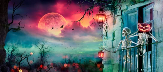 Foto op Plexiglas Halloween Night Scene - Skeletons In Haunted House At Moonlight - Contain Moon 3D Rendering © Romolo Tavani