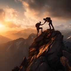 Two people helping each other on a mountain top - obrazy, fototapety, plakaty