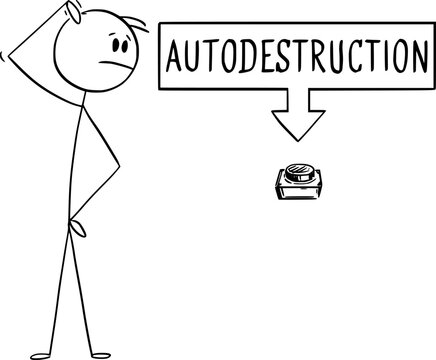 Person and Autodestruction Switch or button, Vector Cartoon Stick Figure Illustration