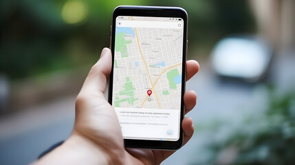 Close up hand holding smartphone with an open online map, searching location with navigation app