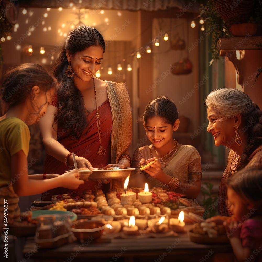 Wall mural family celebrating diwali