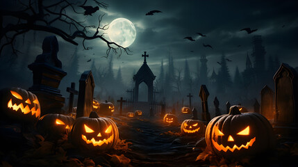 Graveyard with many tombs in spooky death Forest At Halloween