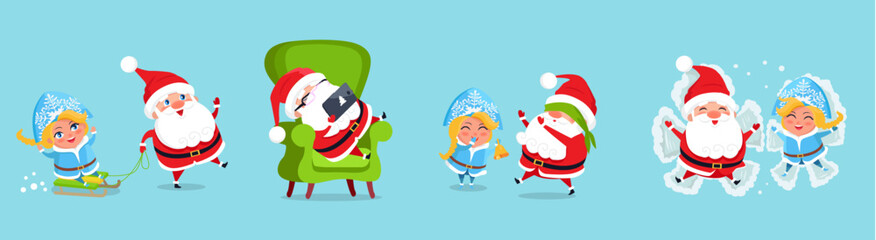 Santa Claus big Christmas and New Year set. Set of funny cartoon Santa with different emotions and situations. Happy old man funny play. Santa with elf. Christmas scenes for your festive design