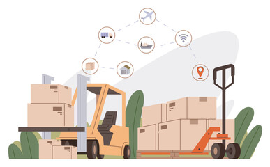 International logistic. Global delivery export. Vector. Modern international logistics employ advanced tracking systems for cargo delivery Export and import shipping duties significantly affect global