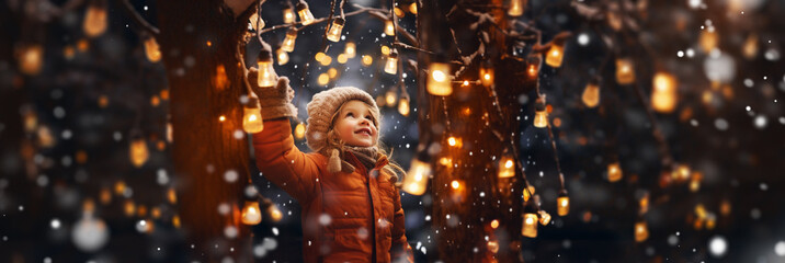 little girl with christmas lights enjoying the holidays - obrazy, fototapety, plakaty