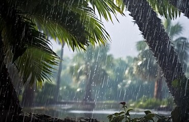 Rain in the tropics during the low season or monsoon season. Raindrops in a garden. - obrazy, fototapety, plakaty