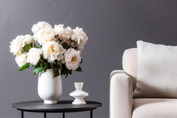 Fototapeta na wymiar Vase of white peonies with coffee table and armchair near grey wall.