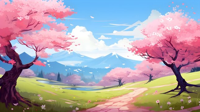 Cherry blossom landscape illustration wallpaper 