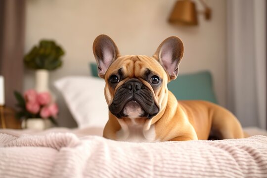 Cute French bulldog in a bedroom, closeup.