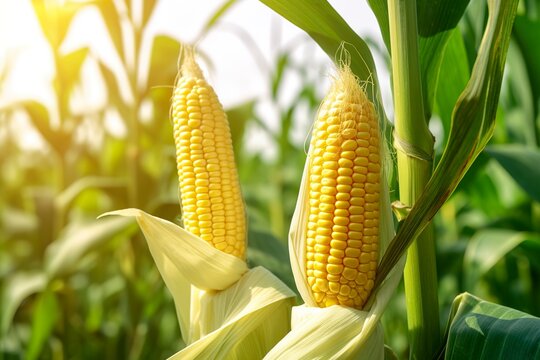 Closeup corn cobs in corn plantation field.