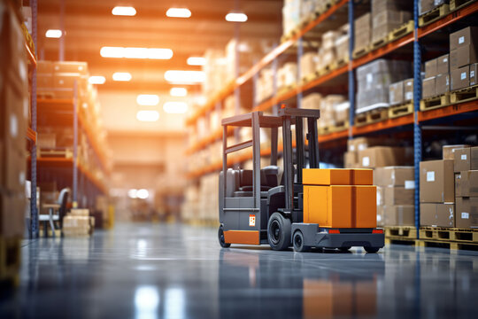 In a well-stocked retail warehouse, numerous shelves house cartons filled with merchandise, all complemented by the presence of pallets and forklifts. blurred scene.