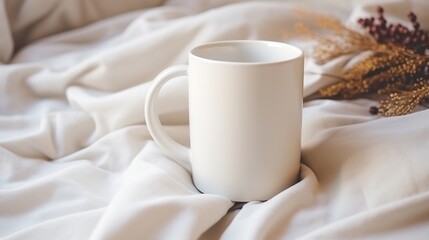 Fototapeta na wymiar Generative AI, White ceramic cup set-up in at home interior, mug mock up blank, muted neutral colors. 
