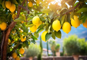 Lemons growing in a sunny garden on Amalfi coast in Italy. - obrazy, fototapety, plakaty