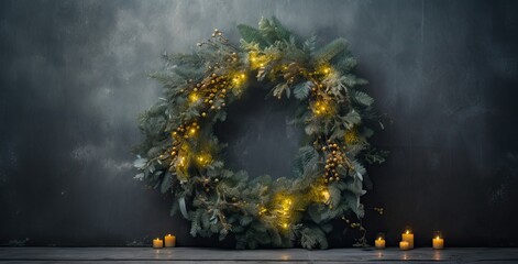 Christmas Garland over a Wall Background. X-Mas Wreath Ornament for 25th December Event.