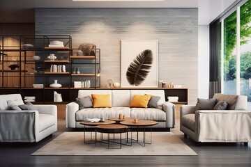 Modern living room with sofa and furniture.