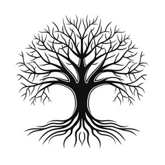 black tree silhouette vector illustration with roots isolated on white background.