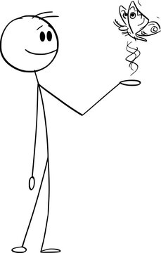 Person And Butterfly, Vector Cartoon Stick Figure Illustration