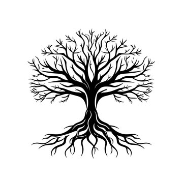 black tree silhouette vector illustration with roots isolated on white background.