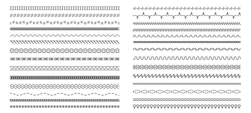 Machine black stitch. Seamless zigzag variation, needlework border with straight and curvy lines, variation of embroidery pattern. Vector isolated set