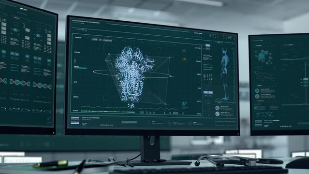 Molecular Analysis Of Virus Protein Structure For Covid-19 Medicine Research. Molecular Research Software Scans Epidemic Virus. Molecular Examination. Virus Research By High Tech Microscope