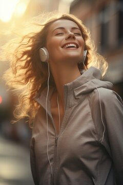 A woman in grey sweatshirt listening to music on earbuds, sunrays shine upon it