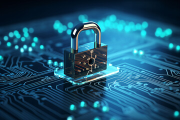 secure connection and cybersecurity service. features an up-close of a computer motherboard, emphasizing safety with a prominent lock symbol. Verified credentials - obrazy, fototapety, plakaty
