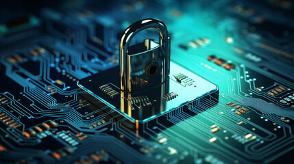 secure connection and cybersecurity service. features an up-close of a computer motherboard, emphasizing safety with a prominent lock symbol. Verified credentials - obrazy, fototapety, plakaty